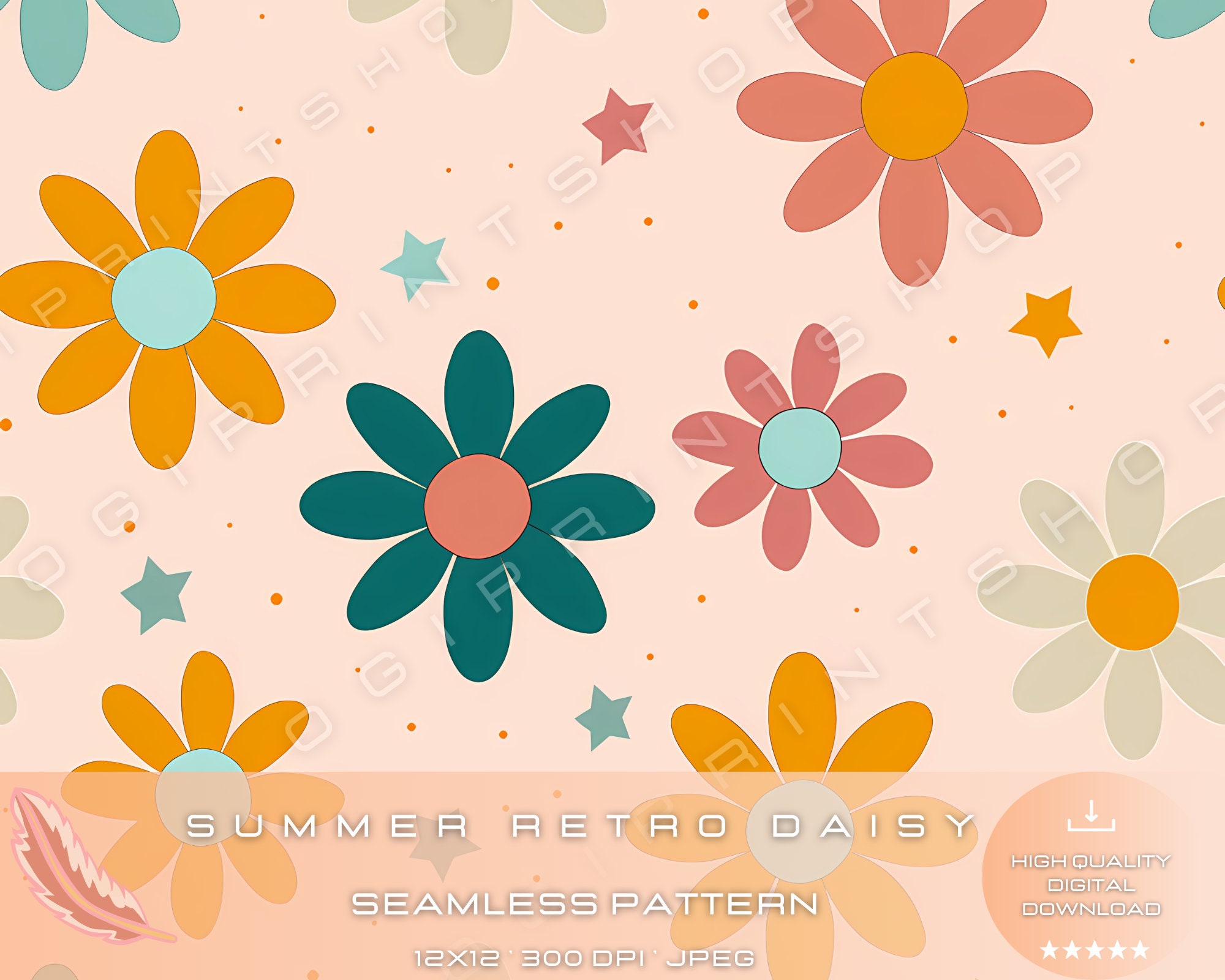 Summer Retro Daisy Seamless Solo Pattern for Commercial Use, Summer ...
