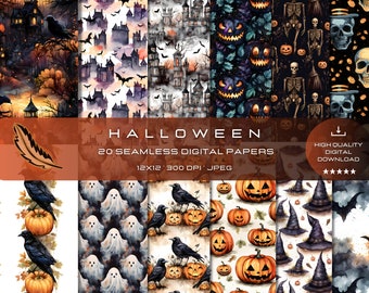 May include: A set of 20 digital papers featuring Halloween themes. The papers include images of pumpkins, ghosts, bats, crows, skeletons, witches hats, and haunted houses. The papers are 12x12 inches and 300 DPI.