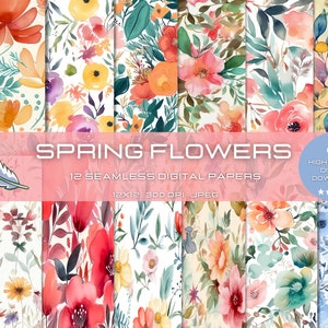 12 Watercolor Floral Spring Seamless Patterns, Scrapbooking, Spring Digital Paper for Craft and Design, DIY Projects, Floral pattern clipart