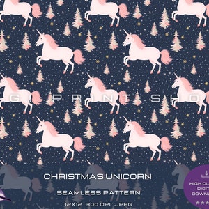 May include: A seamless pattern featuring white unicorns with pink manes and tails galloping through a forest of pink and beige Christmas trees on a dark blue background with white stars.
