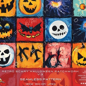 Op de afbeelding: Een kleurrijk, retro Halloween-thema naadloos patroon. Het ontwerp toont een patchwork van vierkante blokken met geschilderde pompoenen, vleermuizen en schedels. De tekst "RETRO SCARY HALLOWEEN PATCHWORK V.3 SEAMLESS PATTERN" is inbegrepen.