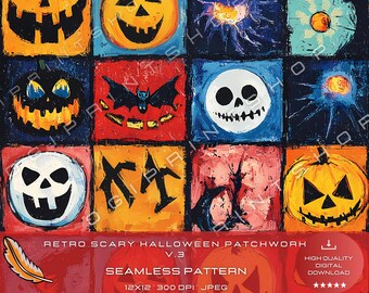 Retro Scary Halloween Patchwork v3 Solo-patroon voor commercieel gebruik, zomers scrapbooking, digitale download, digitaal papier voor ambacht