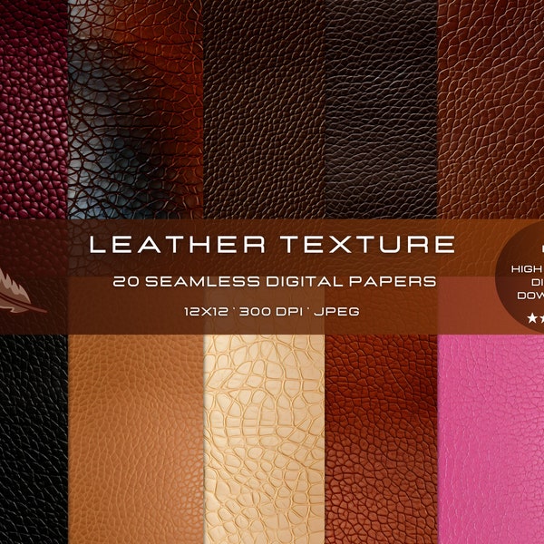 20 Leather Textures Seamless Patterns for Commercial Use, High-Quality, Digital Paper for Craft and Design,  Leather Digital Scrapbook Paper