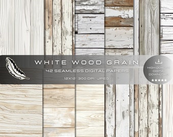 May include: 42 digital papers featuring white wood grain textures. Each paper is 12 inches by 12 inches and 300 DPI. The papers are seamless and can be used for a variety of projects.