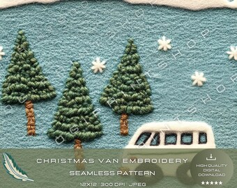 May include: A digital embroidery pattern featuring a white van with blue trim, driving through a snowy landscape with three green pine trees. The pattern is 12 inches by 12 inches and has a resolution of 300 DPI. The pattern is a JPEG file.