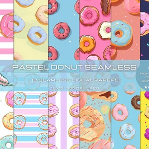 12 nahtlose Pastell-Donut-Muster für kommerzielle Nutzung, lebendige Farben und hochwertige Texturen, digitales Papier für Handwerk und Design