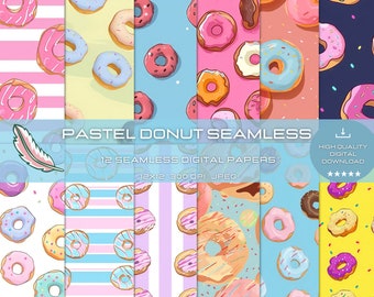 12 nahtlose Pastell-Donut-Muster für kommerzielle Nutzung, lebendige Farben und hochwertige Texturen, digitales Papier für Handwerk und Design
