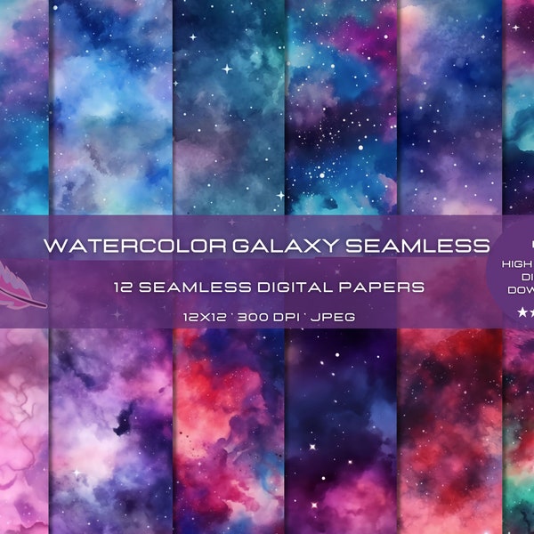 12 Watercolor Galaxy Seamless Digital Paper, Stardust Pattern Collection, Universe Texture Backgrounds, Perfect for Invitations