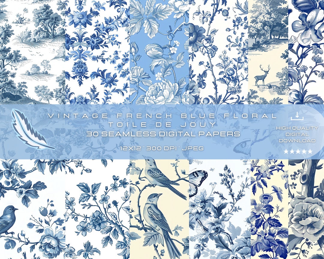 30 Vintage French Blue Floral Toile De Jouy Seamless Textures for ...
