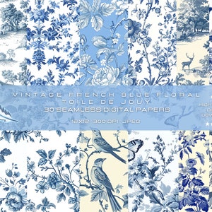30 texturas vintage florais azuis francesas Toile de Jouy sem costura para uso comercial, texturas de alta qualidade, papel digital para artesanato e design