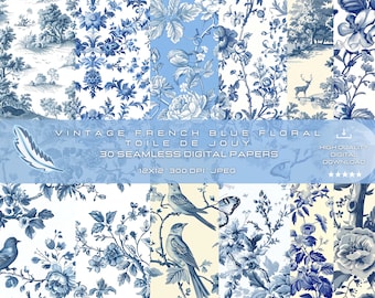 30 Vintage French Blue Floral Toile de Jouy Seamless Textures for Commercial Use, High-Quality Textures, Digital Paper for Craft and Design