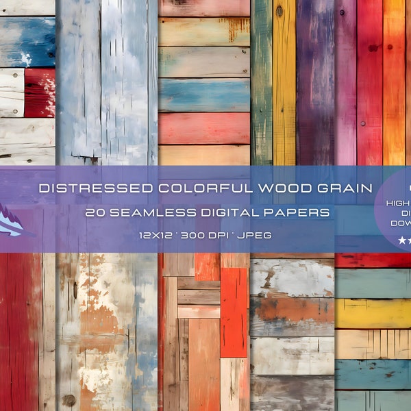 20 Distressed Colorful Wood Grain Seamless Patterns for Commercial Use, High-Quality, for Craft and Design,  Wood Digital Scrapbook Paper