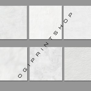 May include: Six white textured square backgrounds with varying patterns. The squares are arranged in two rows of three against a gray background. The text "OGI PRINT SHOP" is printed vertically on the right side of the image.