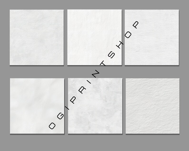 May include: Six white textured square backgrounds with varying patterns. The squares are arranged in two rows of three against a gray background. The text "OGI PRINT SHOP" is printed vertically on the right side of the image.