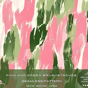 Pode incluir: Papel digital de padrão sem costura com pinceladas abstratas em rosa e verde. O padrão mede 30,48 cm por 30,48 cm e 300 DPI.