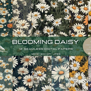 May include: A collection of 12 seamless digital papers featuring daisy floral patterns. The designs showcase white daisies with yellow centers and green foliage against various dark backgrounds. The text "BLOOMING DAISY" is displayed prominently.