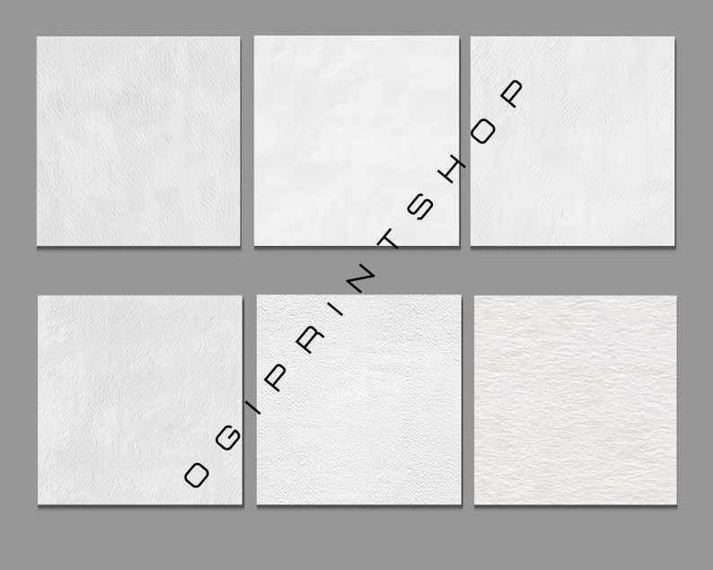 May include: Six white textured square designs arranged in two rows of three. The squares have different surface patterns, including smooth, rough, and wrinkled textures. The text "OGI PRINT SHOP" is printed vertically on the right side of the image.