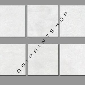 May include: Six white textured squares arranged in two rows of three, set against a gray background. The squares have a subtle, uneven surface, suggesting a paper or fabric texture. The text "OGI PRINT SHOP" is printed vertically across the image.
