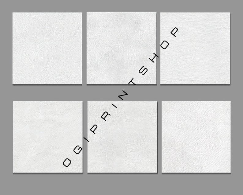 May include: Six white textured squares arranged in two rows of three, set against a gray background. The squares have a subtle, uneven surface, suggesting a paper or fabric texture. The text "OGI PRINT SHOP" is printed vertically across the image.