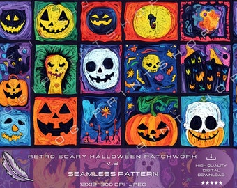 Retro Scary Halloween Patchwork v2 Solo-patroon voor commercieel gebruik, zomers scrapbooking, digitale download, digitaal papier voor ambacht