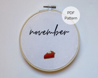 Winziger Kürbiskuchen-Stickerei-Muster, November-Stickerei-Muster PDF, Thanksgiving-Stickerei-Muster, Urlaub Handstickerei-Muster