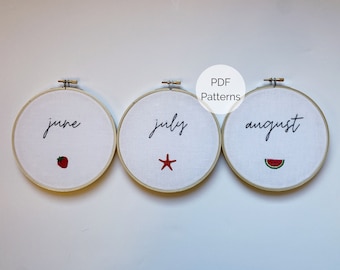 Winziges Embroidery Kalender Set, Sommer Stickmuster Set PDF, Urlaub Stickmuster Set, Hand Stickmuster Set