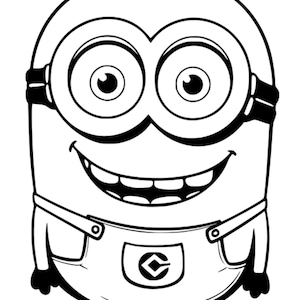 May include: Black and white line art illustration of a Minion character. The character has large, round eyes, a wide smile, and is wearing overalls. The image is a cartoon style drawing.