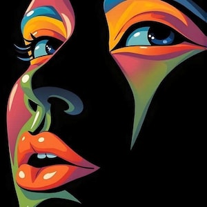 Peut inclure: Illustration de visage pop art vibrant sur fond noir. L'œuvre présente des couleurs vives, notamment des lèvres orange, des yeux bleus et des fards à paupières colorés. Le style rappelle l'art de la bande dessinée.