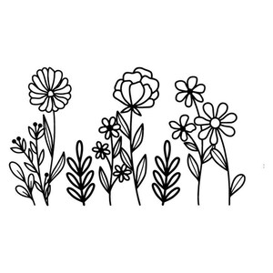 May include: Black and white line art illustration of various flowers and foliage. The image features several different types of flowers, including daisies and a rose-like bloom, along with various leaves and stems. The design is simple and elegant.