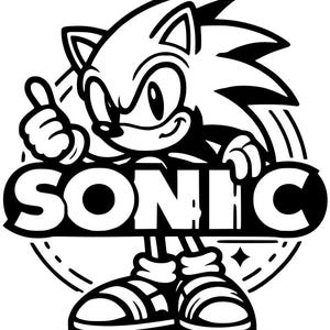 May include: Black and white illustration of Sonic the Hedgehog giving a thumbs up. The word "SONIC" is displayed in bold letters. The character is surrounded by a circular design with a star.