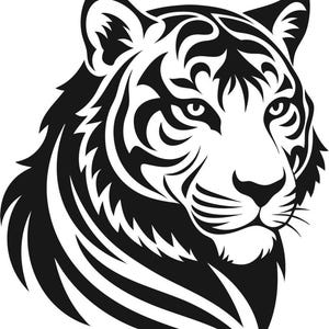 May include: A monochrome illustration of a tiger's head. The tiger's face is rendered in a tribal style, featuring detailed patterns. The image is a close-up, highlighting the tiger's eyes, nose, and mouth, with a focus on the intricate design.
