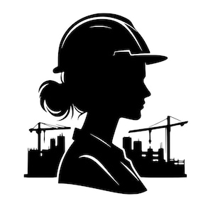 May include: A black and white silhouette of a person wearing a hard hat, with a cityscape and construction cranes in the background. The person's profile is visible, with their hair pulled back. The image evokes construction and engineering themes.