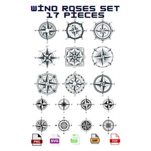 May include: A set of 17 black and white compass rose illustrations. The illustrations are in various styles and sizes. The text "WIND ROSES SET 17 PIECES" is at the top of the image. Below the illustrations are icons for PNG, SVG, CDR, DXF, and PDF file formats.