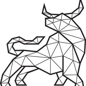 Peut inclure: Illustration géométrique d'un taureau en noir et blanc. Le taureau est représenté de profil, son corps et sa tête étant construits à partir de triangles et de lignes droites interconnectés, créant un design abstrait.