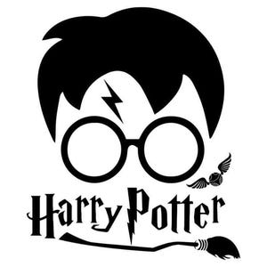 May include: Black and white graphic featuring the silhouette of a person's hair, glasses, and a lightning bolt, with the words "Harry Potter" below. A broom and a winged ball are also included.