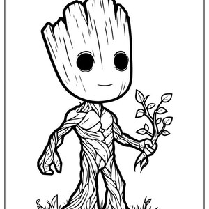 Può includere: Illustrazione in bianco e nero di un personaggio dei cartoni animati che assomiglia a un albero. Il personaggio ha una consistenza legnosa, grandi occhi neri e tiene in mano una piccola pianta con foglie. Il personaggio è in piedi sull'erba.