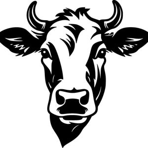Puede incluir: Ilustración en blanco y negro de la cara de una vaca. Se destacan los cuernos, los ojos y los rasgos faciales. Diseño gráfico adecuado para pegatinas, impresiones u otros proyectos creativos.