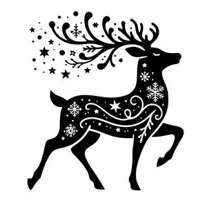 Pode incluir: Silhueta a preto e branco de uma rena com flocos de neve, estrelas e redemoinhos decorativos. A rena tem grandes chifres e está numa pose de caminhada, com um rasto de estrelas e pontos que emanam dos chifres.