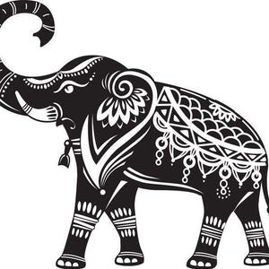 May include: A black and white illustration of an elephant with ornate, decorative patterns. The elephant has a curled trunk, detailed tusks, and intricate designs on its body and legs. The image is a graphic representation of an elephant.