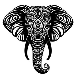 May include: A black and white illustration of an elephant's head. The elephant's head is highly detailed with intricate patterns and designs. The elephant's trunk is curled, and the tusks are visible.