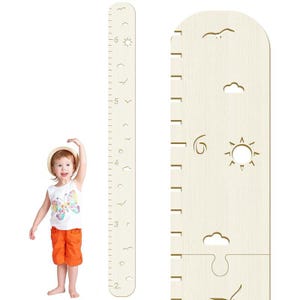 May include: A wooden growth chart with decorative cutouts of clouds, sun, and birds. The chart is marked with numbers and symbols to measure height in feet and inches. A young child is standing next to the chart, measuring their height.