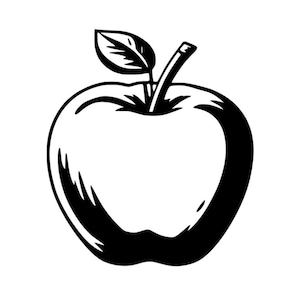 May include: A black and white illustration of an apple. The apple is depicted with a stem and a leaf, and the design is simple and graphic. The image is suitable for use in various designs.