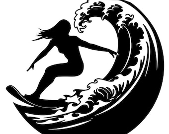 Surfer Girl Silhouette Vector, Surfing Clipart (Digital Files)
