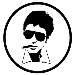 May include: Black and white graphic of a man wearing sunglasses and smoking a cigar, set within a white circle with a black border. The man's hair is dark, and his shirt collar is visible.