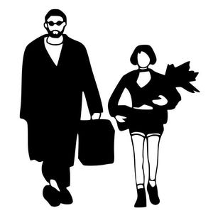 May include: Black and white illustration of two figures. One figure is wearing a long coat and sunglasses, carrying a briefcase. The other figure is holding a bouquet of leaves, wearing a short-sleeved top and shorts.