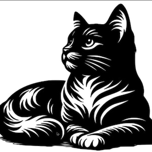 Op de afbeelding: Een zwart-wit grafische illustratie van een kat in rust. De kat ligt ontspannen, met het hoofd opzij. Het ontwerp toont gedetailleerde witte markeringen op de vacht van de kat, wat een opvallend contrast creëert.