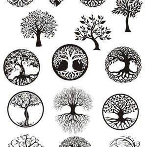 May include: A selection of black and white tree designs. The images include trees in various shapes, including a heart, and circular frames. The trees have detailed branches and roots, with some designs featuring Celtic knotwork.