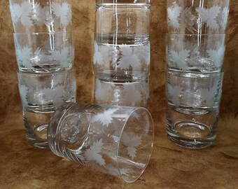 Set of 10 Vintage Double Old Fashion Whiskey Glasses Etched Leaf Vine Grapes Drinking Glasses Tumblers Drinking Glasses, Barware Glasses