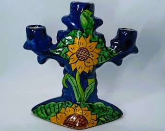 Vintage Talavera Candelabra: Hand-Painted Sunflower Folk Art