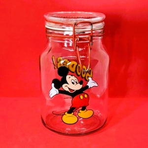 Vintage Glass Jar Mickey Mouse Goodie Jar- Walt Disney Company -Storage Jar- Locking Canister